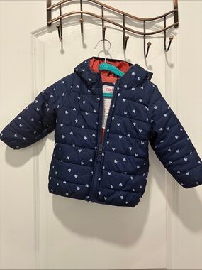 Carter's Navy Puffer Jacket with Coral Lining and White Heart Print
